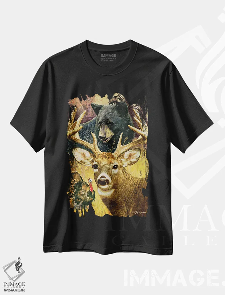 تیشرت مشکی طرح دار رویای شکارچی، دکور کلبه و لژ اثر گرگ جوردانو | فروشگاه ایماژ