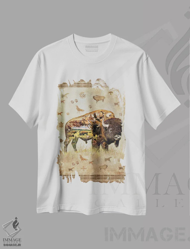 تیشرت سفید طرح دار گاومیش آمریکایی، دکور کلبه و لژ اثر گرگ جوردانو | فروشگاه ایماژ