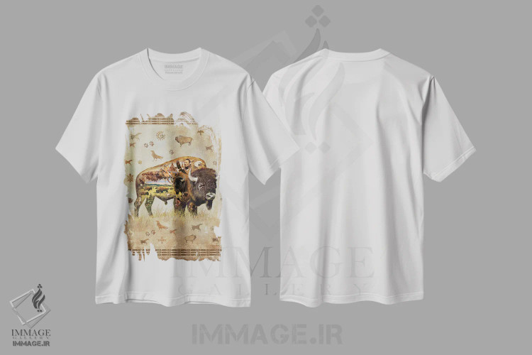 تیشرت سفید طرح دار گاومیش آمریکایی، دکور کلبه و لژ اثر گرگ جوردانو | فروشگاه ایماژ