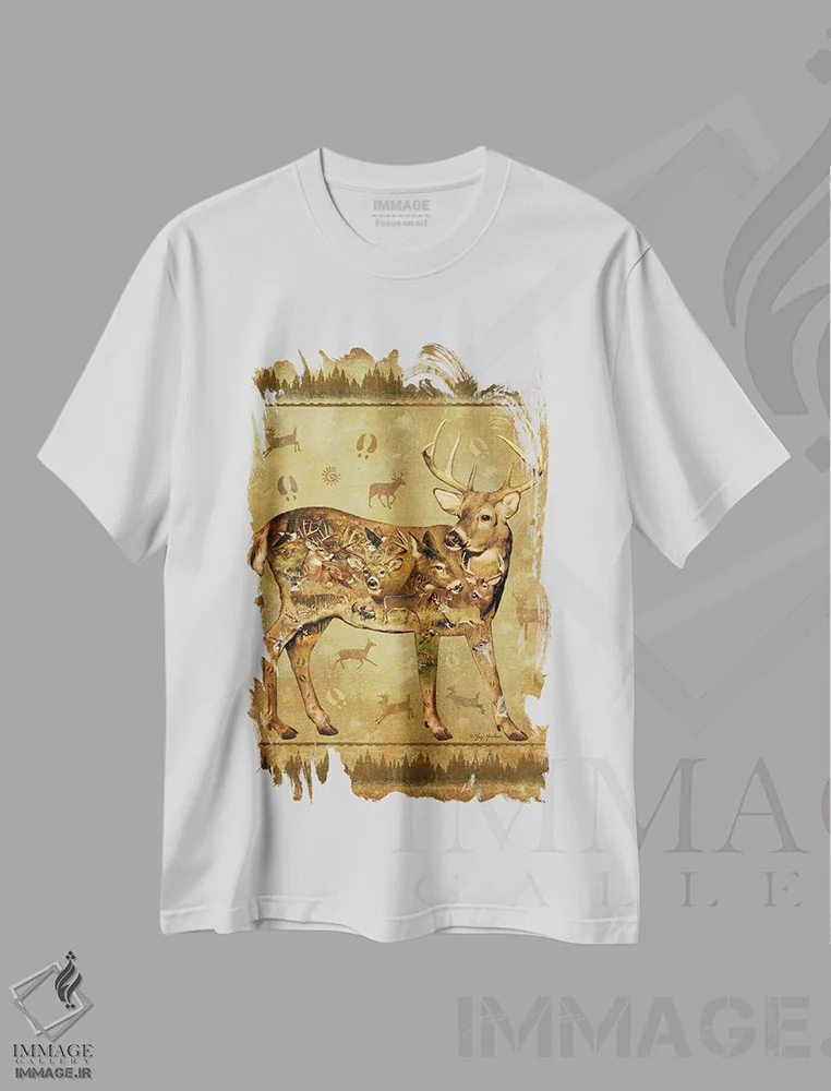 تیشرت سفید طرح دار گوزن، دکور کلبه و لژ اثر گرگ جوردانو | immage.ir
