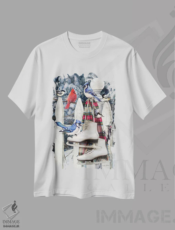 تیشرت سفید طرح دار پرندگان روی حصار با کفش اسکیت، تزئینی اثر گرگ جوردانو | فروشگاه ایماژ