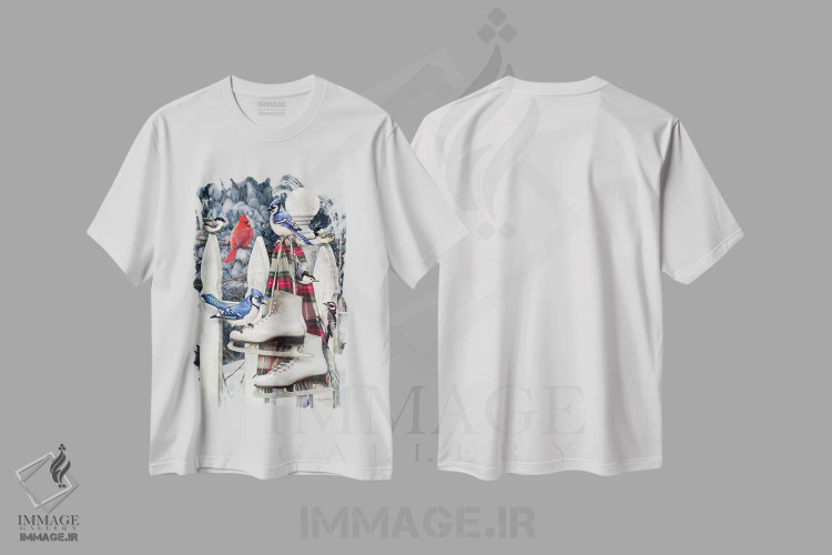 تیشرت سفید طرح دار پرندگان روی حصار با کفش اسکیت، تزئینی اثر گرگ جوردانو | فروشگاه ایماژ