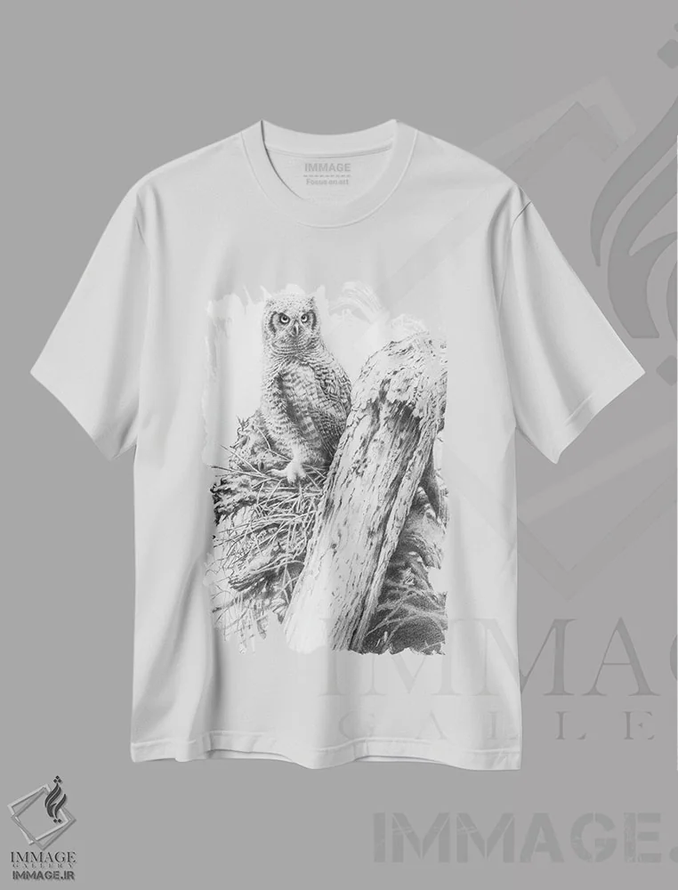 تیشرت سفید طرح دار جغد شاخدار بزرگ جوان، مدیوم اثر گرگ جوردانو | فروشگاه ایماژ