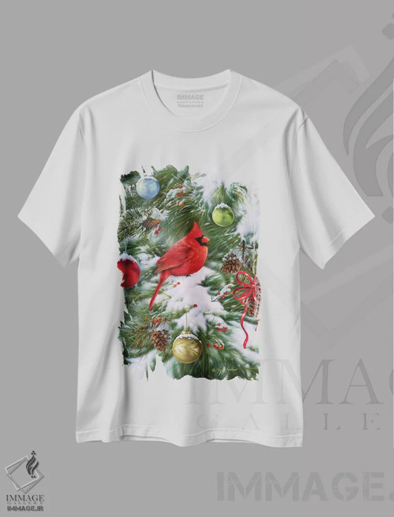 تیشرت سفید طرح دار تزئینات کاردینال، حیوانات کریسمسی اثر گرگ جوردانو | immage.ir