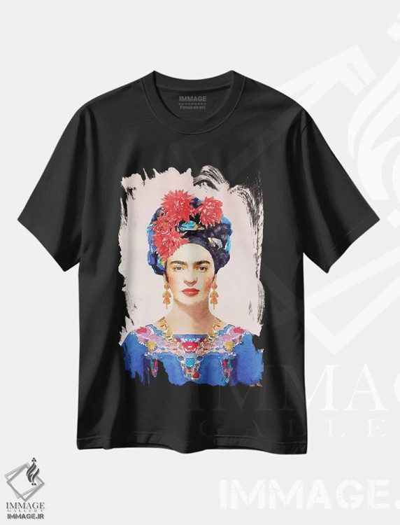 تیشرت مشکی طرح دار فریدا سرمه ای، تزئینی اثر آماندا گرینوود | فروشگاه ایماژ