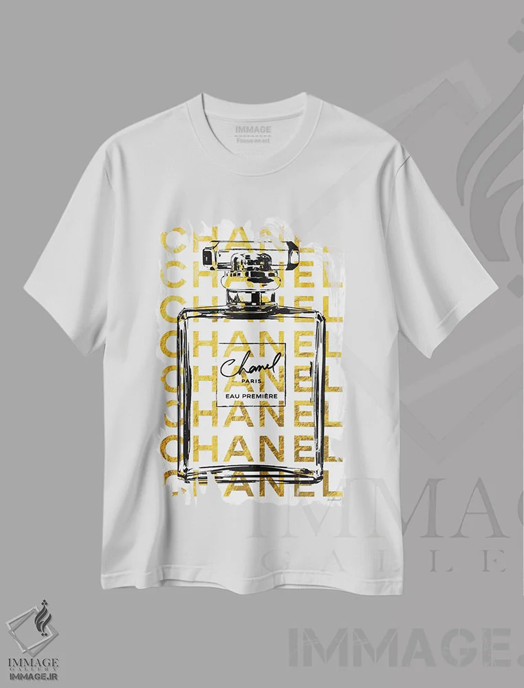 تیشرت سفید طرح دار بطری عطر با نوشته طلایی، تزئینی اثر آماندا گرینوود | فروشگاه ایماژ