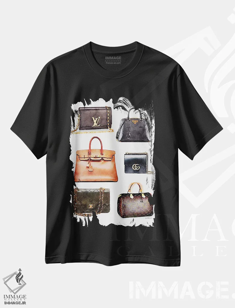 تیشرت مشکی طرح دار مجموعه کیف مشکی و قهوه ای، تزئینی اثر آماندا گرینوود | فروشگاه ایماژ