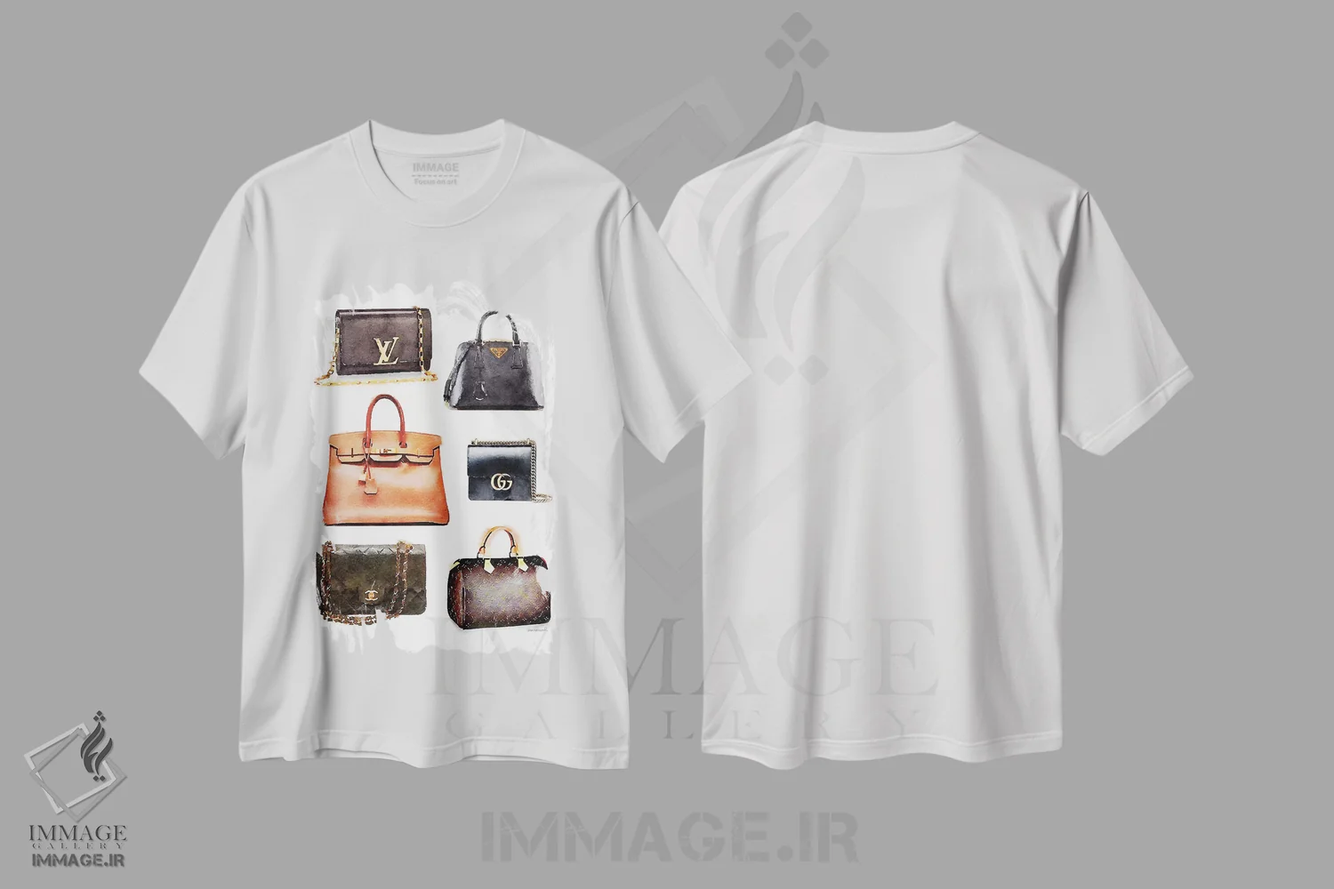 تیشرت سفید طرح دار مجموعه کیف مشکی و قهوه ای، تزئینی اثر آماندا گرینوود | immage.ir