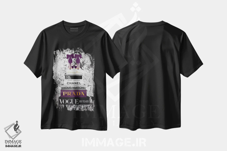 تیشرت مشکی طرح دار پشتهٔ کتاب فلزی نقره ای طلایی بنفش و نام های جدید، تزئینی اثر آماندا گرینوود | immage.ir