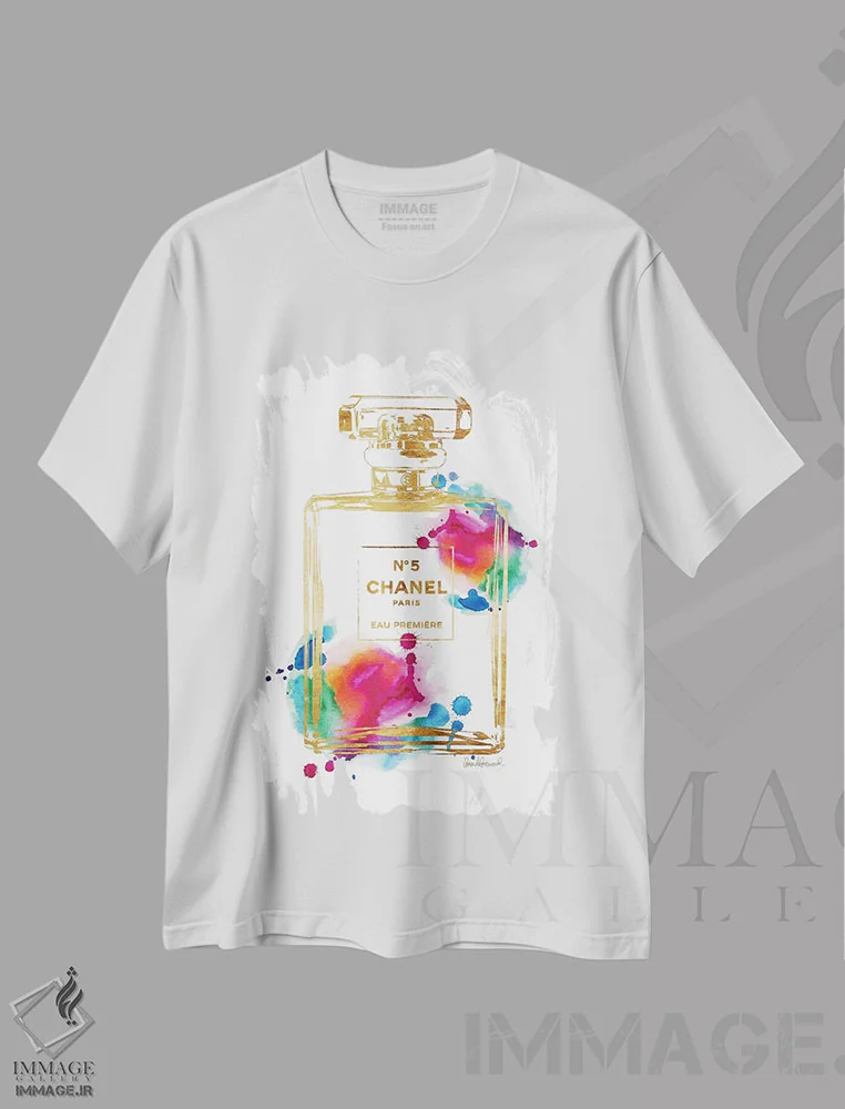تیشرت سفید طرح دار Gold & Rainbow,بطری عطر طلایی و رنگین کمانی، دکور معاصر اثر آماندا گرینوود | فروشگاه ایماژ