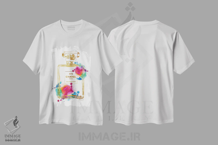 تیشرت سفید طرح دار Gold & Rainbow,بطری عطر طلایی و رنگین کمانی، دکور معاصر اثر آماندا گرینوود | فروشگاه ایماژ