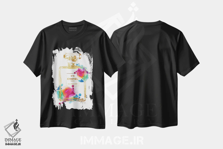 تیشرت مشکی طرح دار Gold & Rainbow,بطری عطر طلایی و رنگین کمانی، دکور معاصر اثر آماندا گرینوود | immage.ir