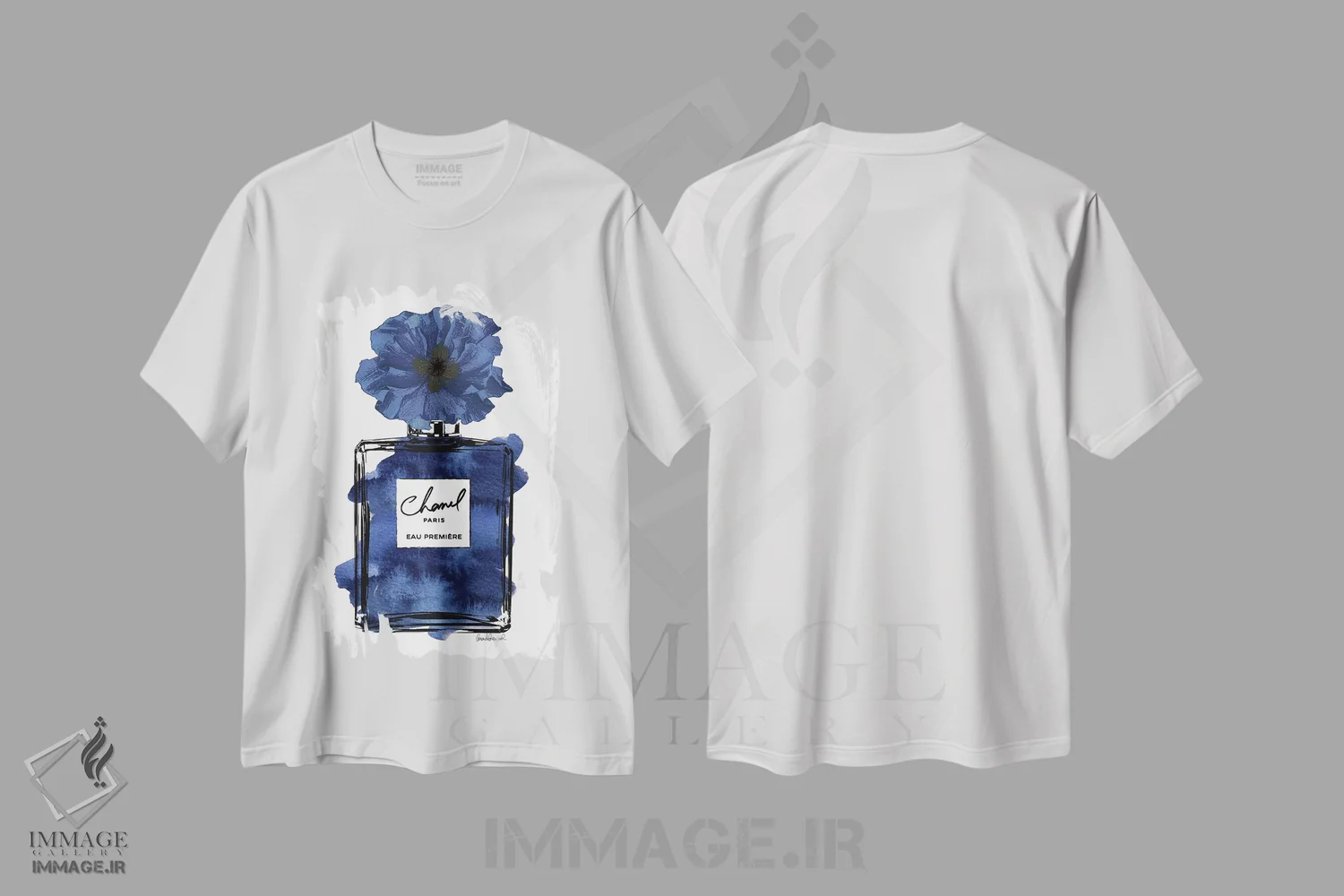 تیشرت سفید طرح دار عطر با گل مشکی و آبی، دکور معاصر اثر آماندا گرینوود | فروشگاه ایماژ