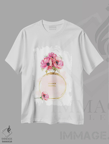 تیشرت سفید طرح دار بطری عطر گرد و شقایق ها، دکور معاصر اثر آماندا گرینوود | فروشگاه ایماژ