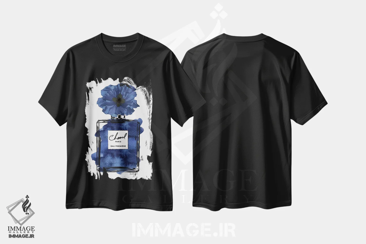 تیشرت مشکی طرح دار عطر با گل مشکی و آبی، دکور معاصر اثر آماندا گرینوود | immage.ir