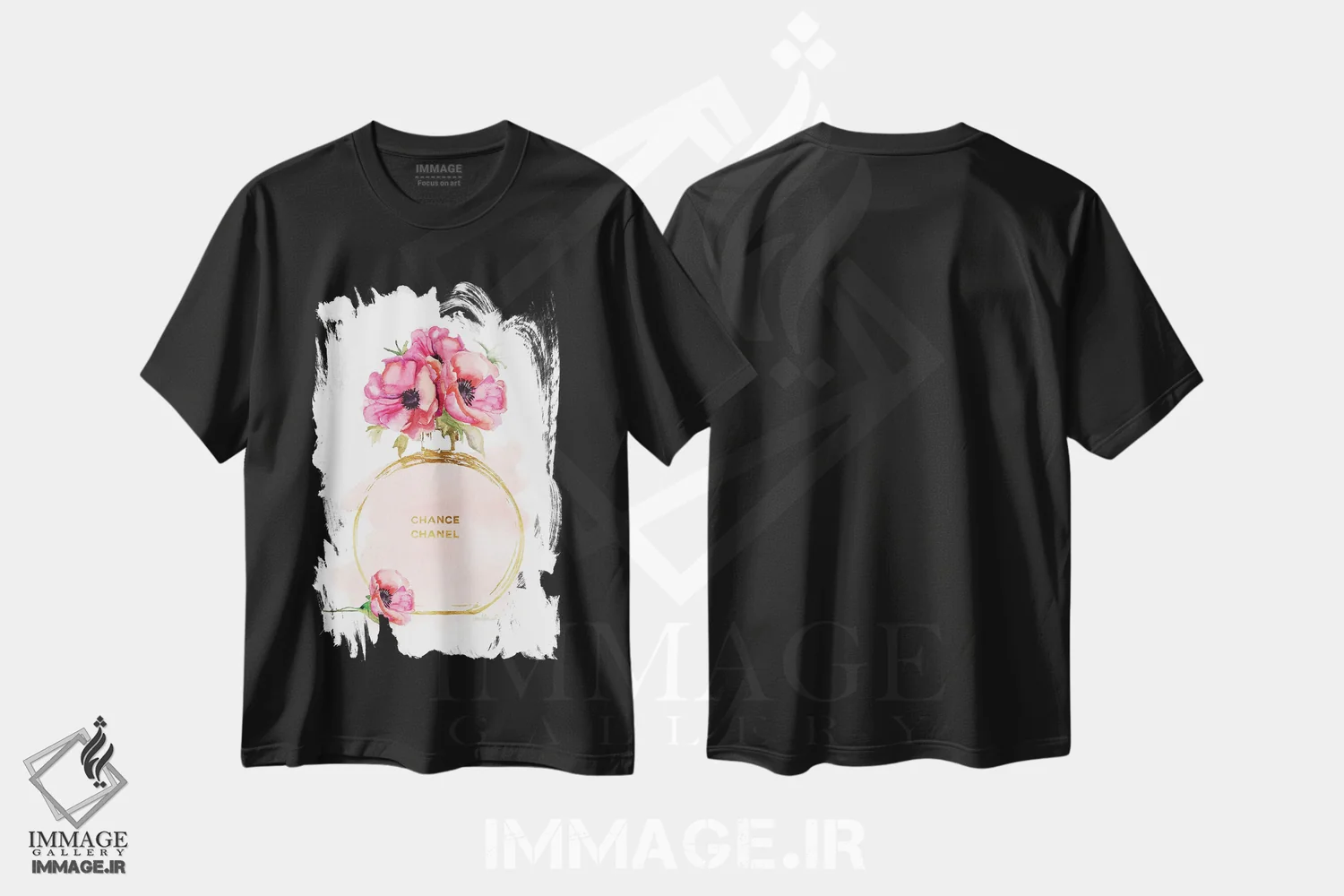 تیشرت مشکی طرح دار بطری عطر گرد و شقایق ها، دکور معاصر اثر آماندا گرینوود | immage.ir