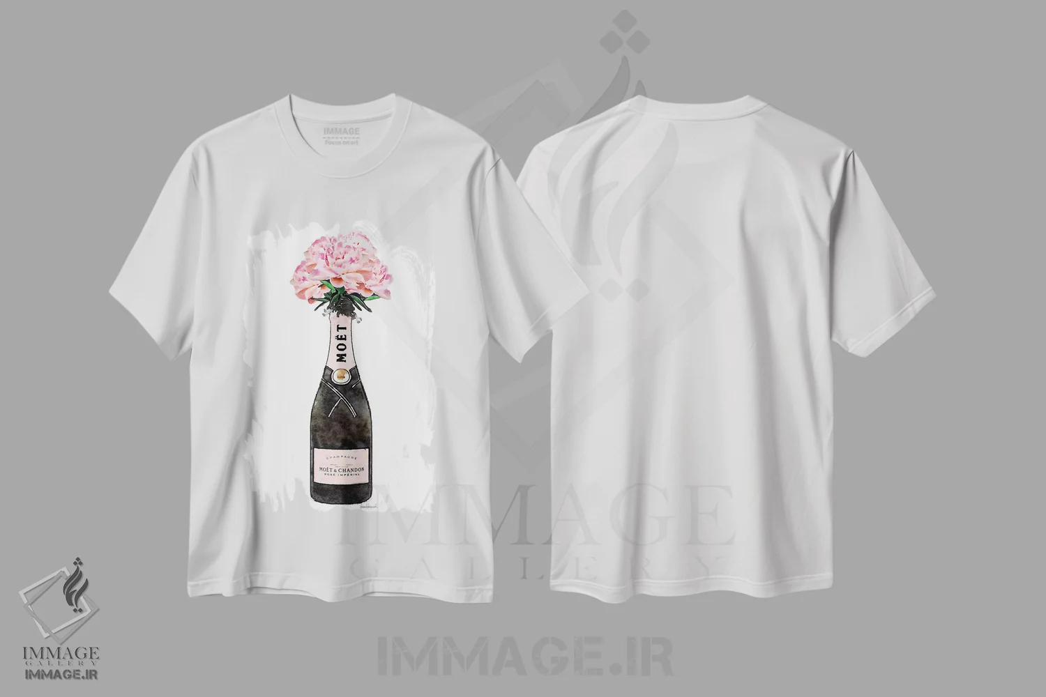 تیشرت سفید طرح دار شامپاین و گل صدتومانی صورتی، تزئینی اثر آماندا گرینوود | immage.ir