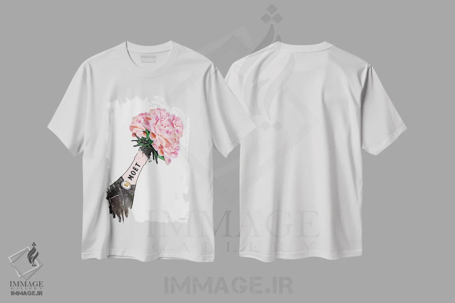 تیشرت سفید طرح دار شامپاین با پاشش صورتی و گل صدتومانی V، تزئینی اثر آماندا گرینوود | فروشگاه ایماژ