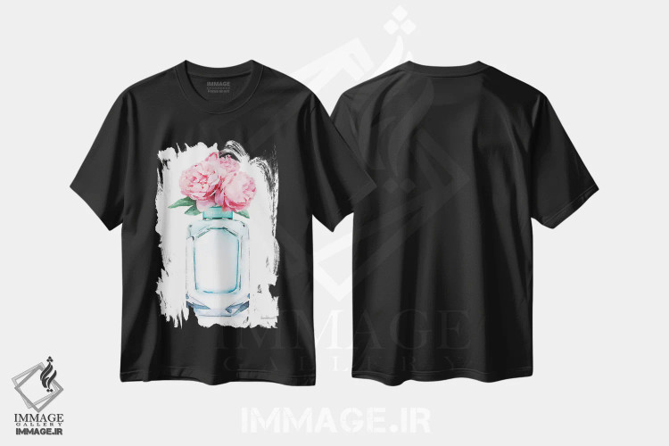 تیشرت مشکی طرح دار عطر فیروزه ای و گل صدتومانی صورتی، تزئینی اثر آماندا گرینوود | immage.ir
