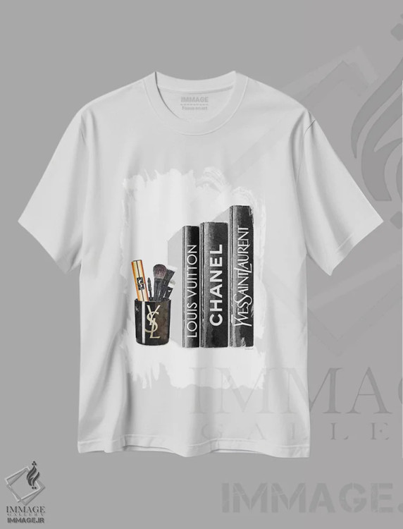 تیشرت سفید طرح دار کتاب ها با شمع YSL و براش ها، تزئینی اثر آماندا گرینوود | فروشگاه ایماژ
