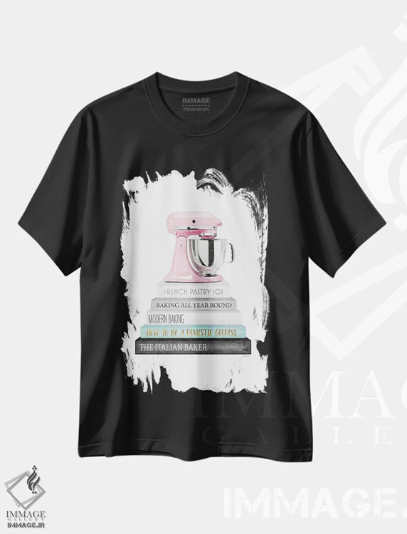 تیشرت مشکی طرح دار دسته کتاب آشپزی خاکستری و فیروزه ای با همزن صورتی، تزئینی اثر آماندا گرینوود | فروشگاه ایماژ