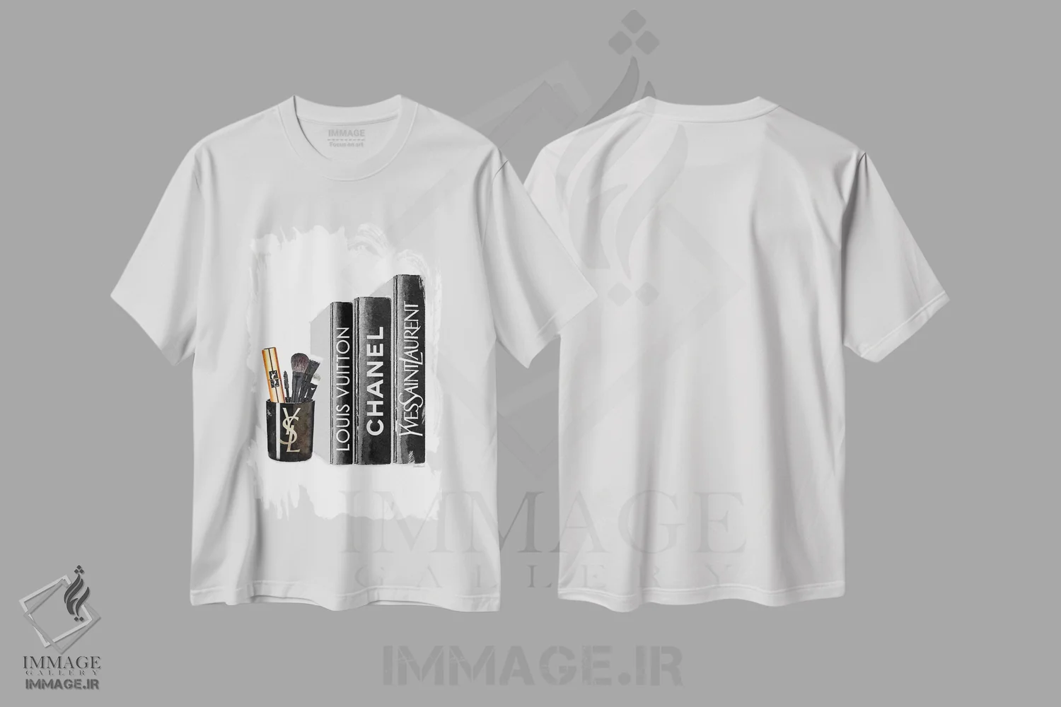 تیشرت سفید طرح دار کتاب ها با شمع YSL و براش ها، تزئینی اثر آماندا گرینوود | فروشگاه ایماژ