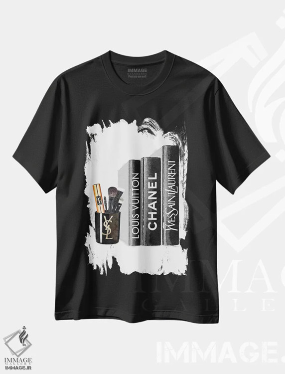 تیشرت مشکی طرح دار کتاب ها با شمع YSL و براش ها، تزئینی اثر آماندا گرینوود | immage.ir