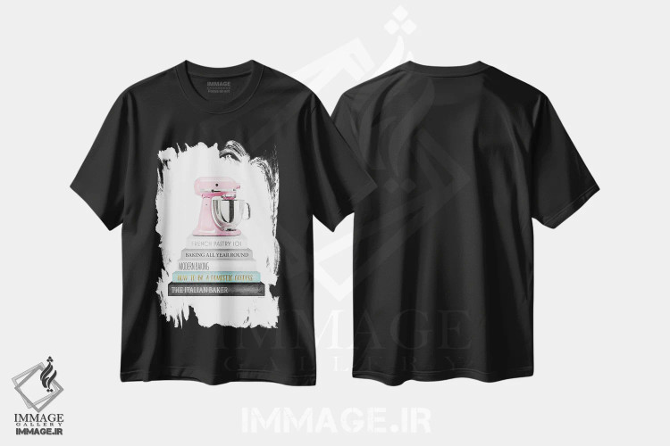 تیشرت مشکی طرح دار دسته کتاب آشپزی خاکستری و فیروزه ای با همزن صورتی، تزئینی اثر آماندا گرینوود | فروشگاه ایماژ