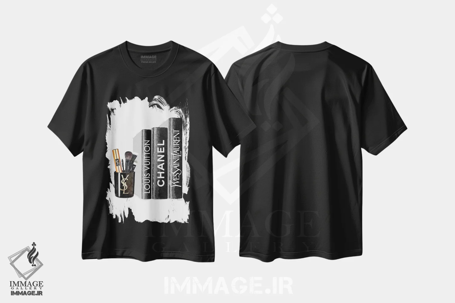 تیشرت مشکی طرح دار کتاب ها با شمع YSL و براش ها، تزئینی اثر آماندا گرینوود | immage.ir