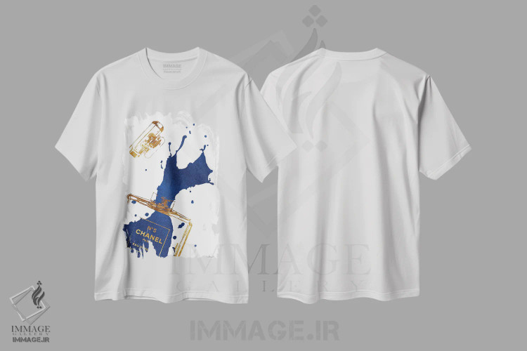 تیشرت سفید طرح دار بطری عطر طلایی با پاشش سرمه ای، تزئینی اثر آماندا گرینوود | فروشگاه ایماژ