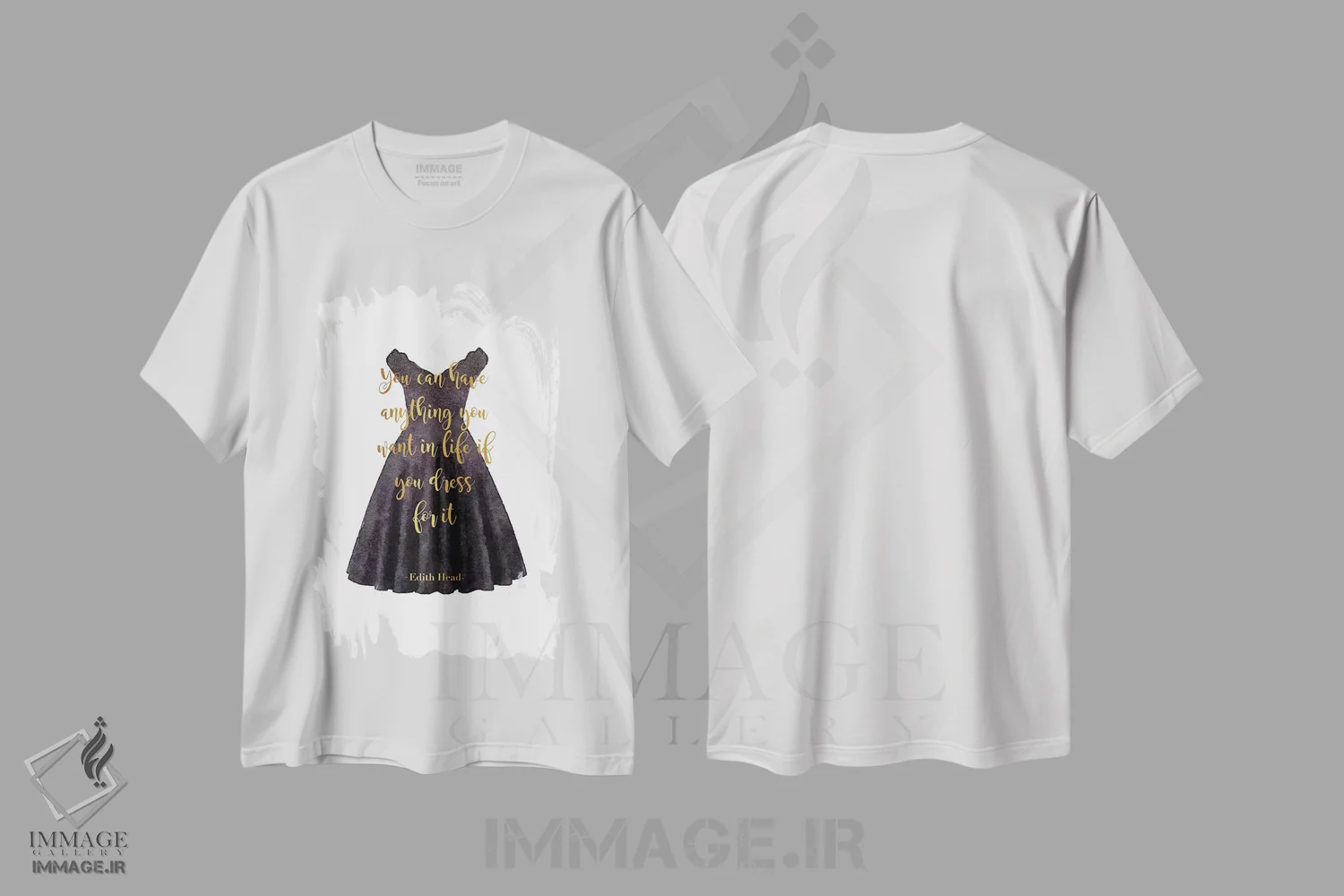 تیشرت سفید طرح دار پیراهن مشکی با نقل قول "هر چه می خواهی" به طلایی، تزئینی اثر آماندا گرینوود | immage.ir
