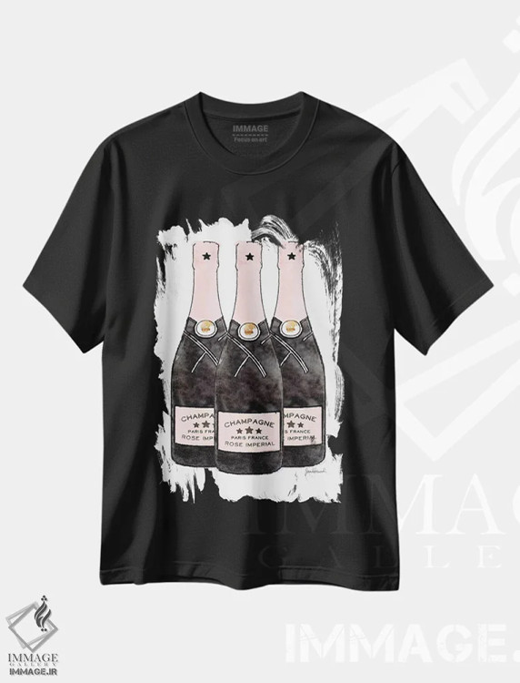 تیشرت مشکی طرح دار سه بطری شامپاین صورتی، تزئینی اثر آماندا گرینوود | فروشگاه ایماژ