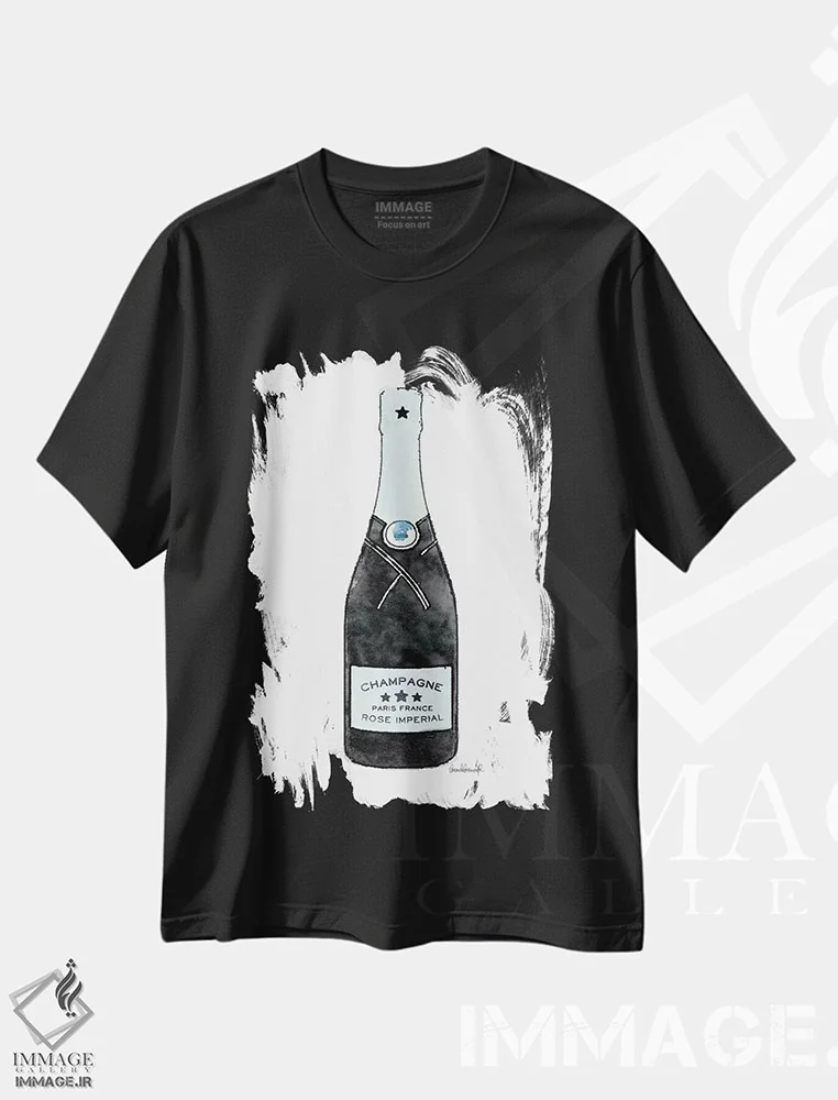 تیشرت مشکی طرح دار یک بطری شامپاین فیروزه ای، تزئینی اثر آماندا گرینوود | immage.ir