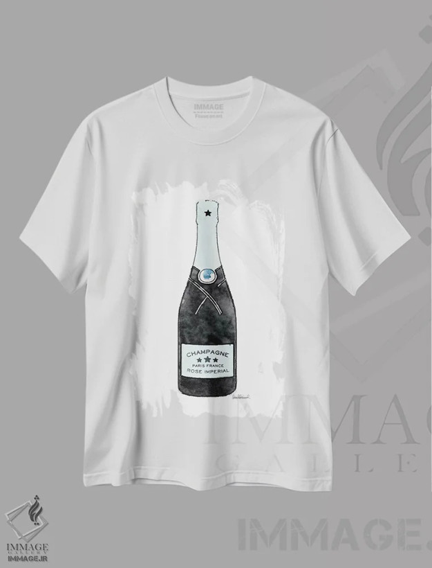 تیشرت سفید طرح دار یک بطری شامپاین فیروزه ای، تزئینی اثر آماندا گرینوود | فروشگاه ایماژ