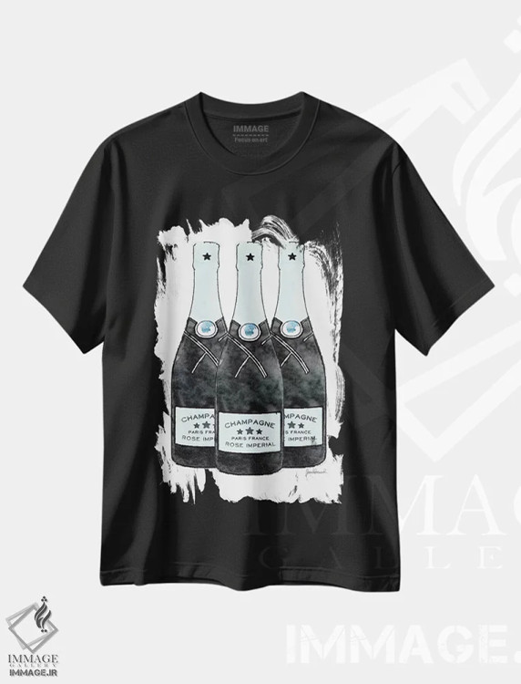 تیشرت مشکی طرح دار سه بطری شامپاین فیروزه ای، تزئینی اثر آماندا گرینوود | فروشگاه ایماژ