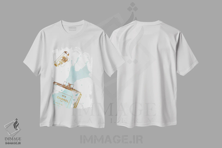 تیشرت سفید طرح دار بطری عطر طلایی با پاشش فیروزه ای، تزئینی اثر آماندا گرینوود | فروشگاه ایماژ