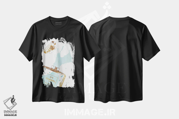 تیشرت مشکی طرح دار بطری عطر طلایی با پاشش فیروزه ای، تزئینی اثر آماندا گرینوود | immage.ir