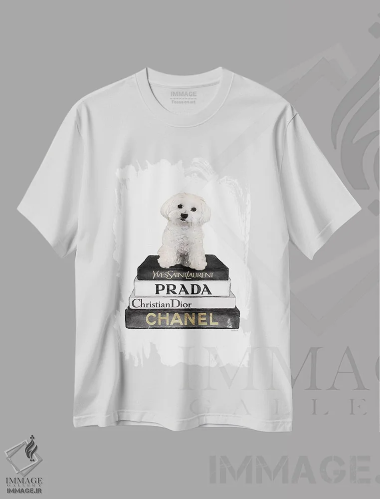 تیشرت سفید طرح دار Grey, Maltese,کتاب های مد خاکستری و سگ مالتیز، تزئینی اثر آماندا گرینوود | فروشگاه ایماژ