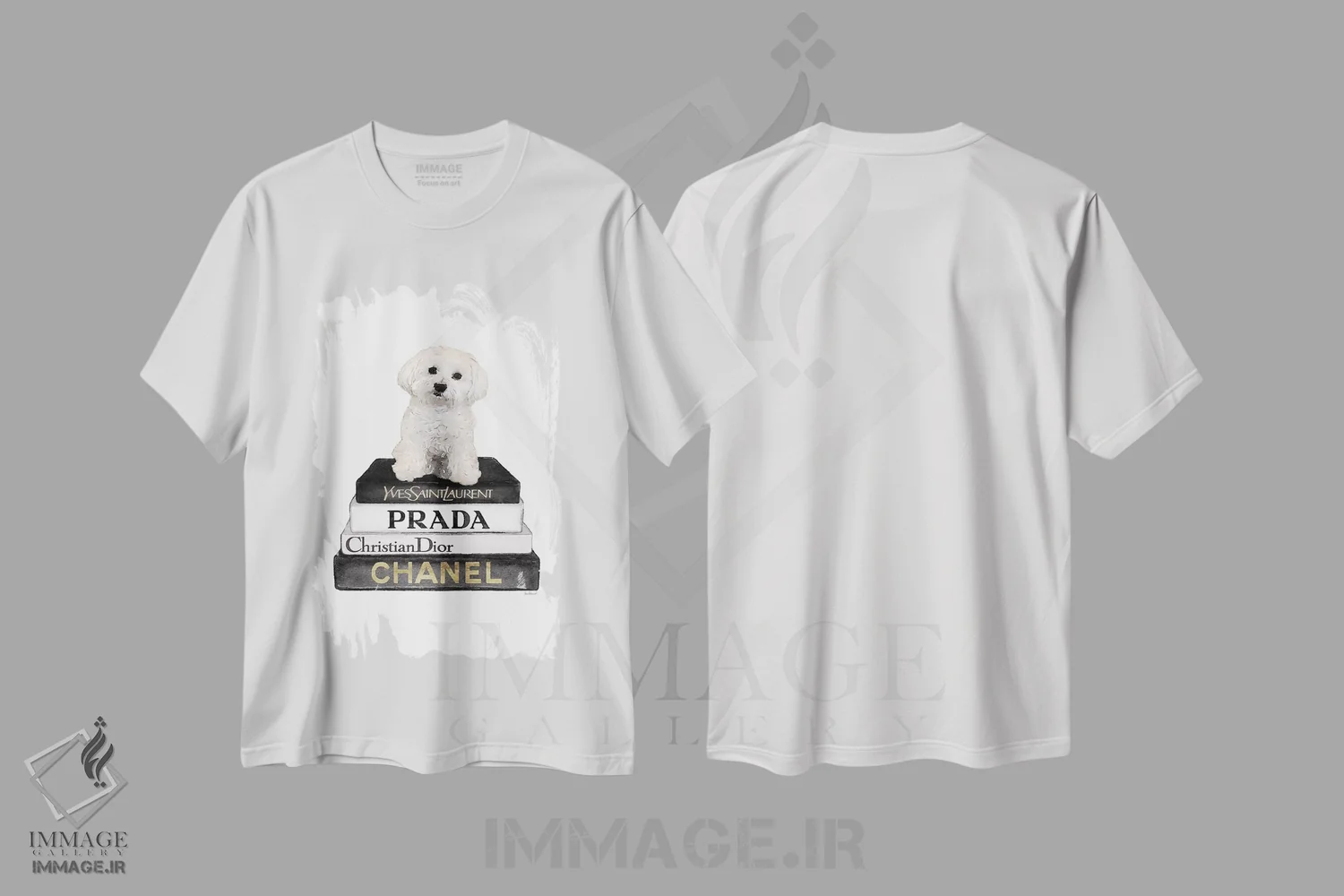 تیشرت سفید طرح دار Grey, Maltese,کتاب های مد خاکستری و سگ مالتیز، تزئینی اثر آماندا گرینوود | فروشگاه ایماژ