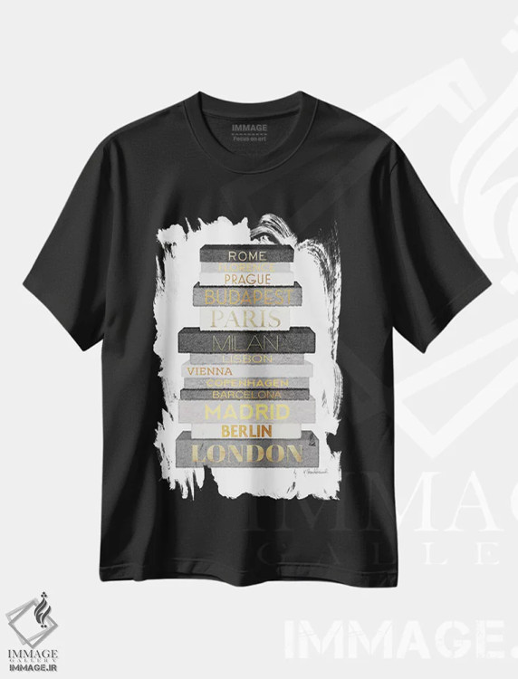 تیشرت مشکی طرح دار Grey & Gold,کتاب های شهر اروپا، خاکستری و طلایی، تزئینی اثر آماندا گرینوود | immage.ir