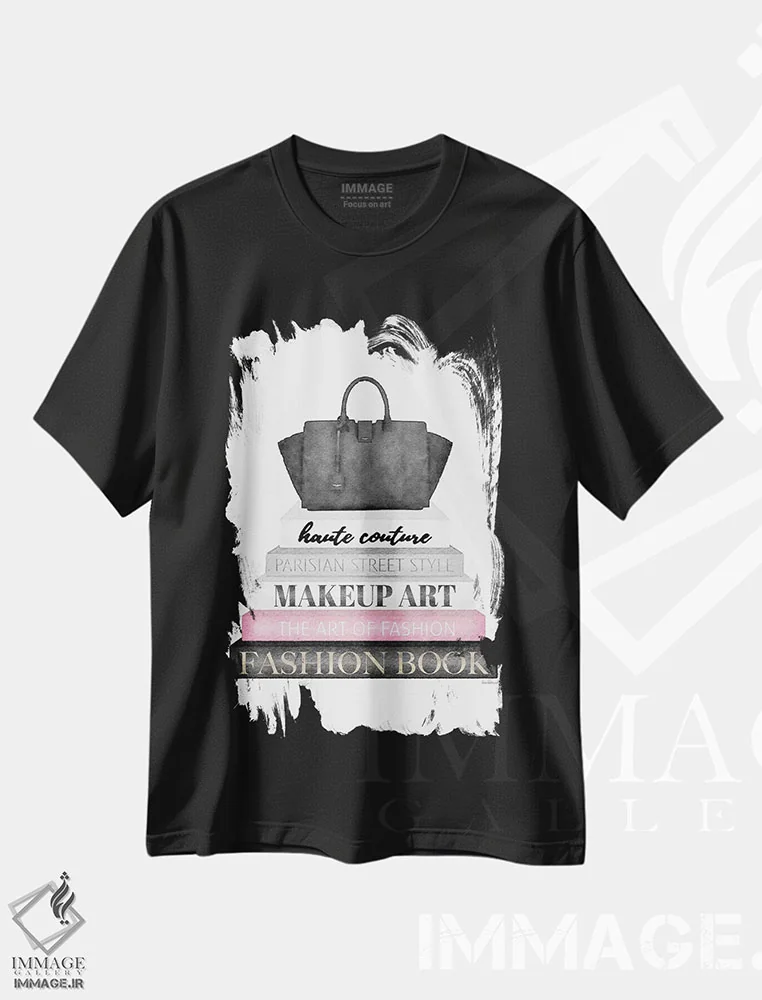 تیشرت مشکی طرح دار Black Bag,کتاب های خاکستری با صورتی و کیف مشکی، تزئینی اثر آماندا گرینوود | فروشگاه ایماژ
