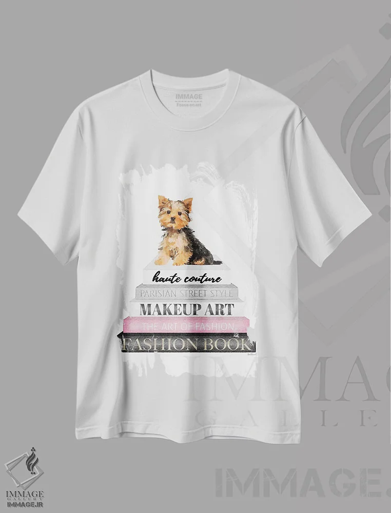 تیشرت سفید طرح دار Yorkie,کتاب های خاکستری با صورتی و سگ یورکی، تزئینی اثر آماندا گرینوود | immage.ir