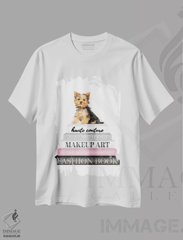 تیشرت سفید طرح دار Yorkie,کتاب های خاکستری با صورتی و سگ یورکی، تزئینی اثر آماندا گرینوود | immage.ir
