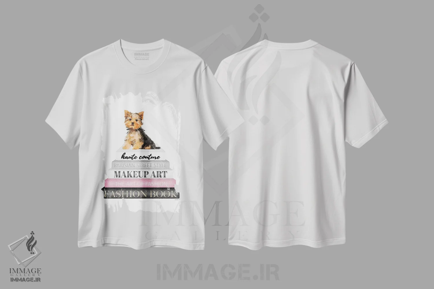 تیشرت سفید طرح دار Yorkie,کتاب های خاکستری با صورتی و سگ یورکی، تزئینی اثر آماندا گرینوود | immage.ir