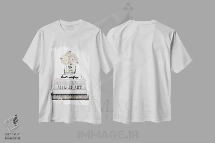 تیشرت سفید طرح دار کتاب های خاکستری با گلدان گل صدتومانی سفید، تزئینی اثر آماندا گرینوود | فروشگاه ایماژ