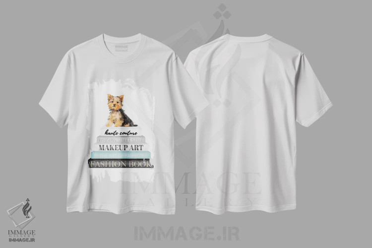 تیشرت سفید طرح دار Yorkie,کتاب های خاکستری با فیروزه ای و سگ یورکی، تزئینی اثر آماندا گرینوود | immage.ir