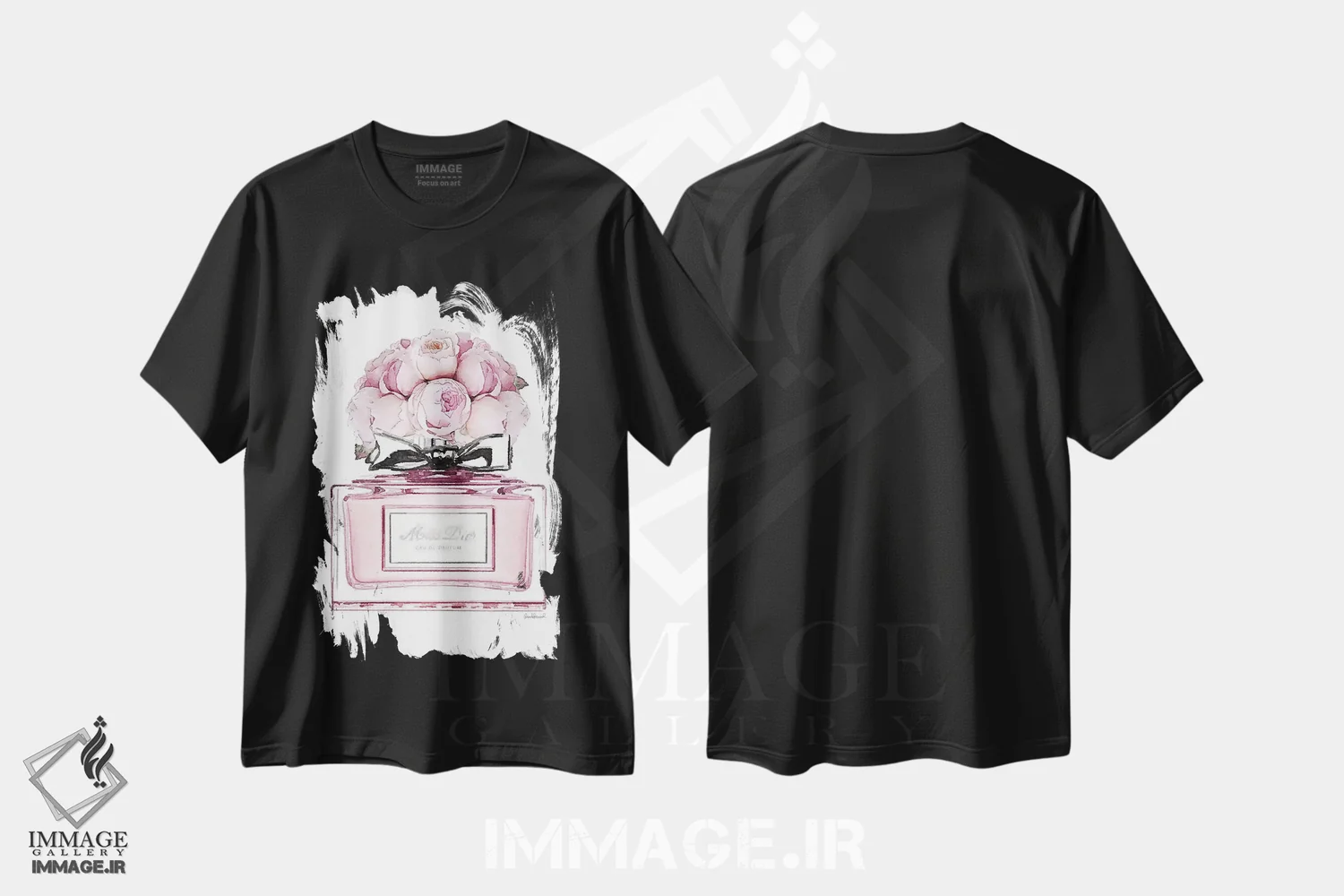 تیشرت مشکی طرح دار Pink With Roses,عطر کوتاه، صورتی با گل رز، تزئینی اثر آماندا گرینوود | immage.ir