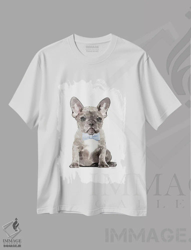 تیشرت سفید طرح دار فرنچ بولداگ خاکستری با پاپیون آبی، تزئینی اثر آماندا گرینوود | فروشگاه ایماژ