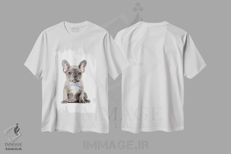تیشرت سفید طرح دار فرنچ بولداگ خاکستری با پاپیون آبی، تزئینی اثر آماندا گرینوود | فروشگاه ایماژ