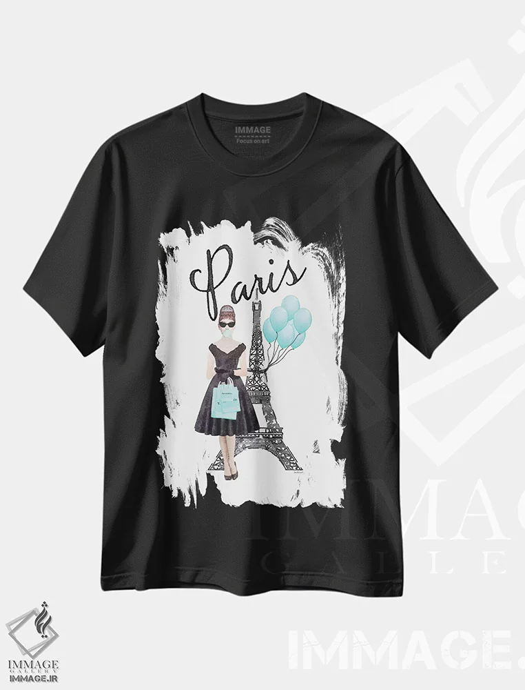 تیشرت مشکی طرح دار برج ایفل با آدری و بادکنک ها، تزئینی اثر آماندا گرینوود | immage.ir